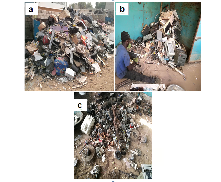 Figure 1: E-waste treatment sites (a) Collection area; b) Young man dismantling; (c) Post-work dismantling area.