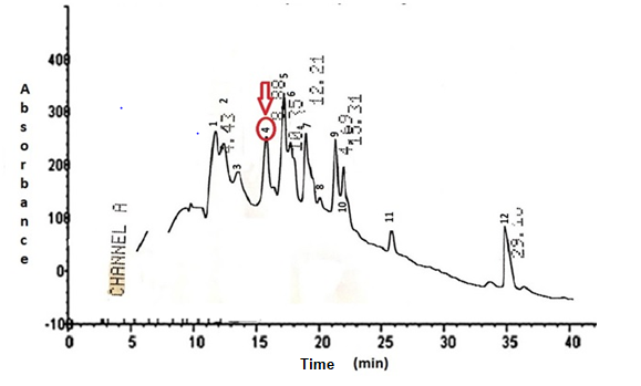 Figure 2: Testing of the seed extract of EV obtained with acetonitrile filtrate on HPLC with semi-preparative column showed satisfactory results with the fraction P5 <30. 1st step: Gradient of 5-90% of B in 45 min 1mL/min.
