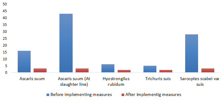 Figure 3: Comparative results of parasitological examination findings (%) of the significant parasites before and after the application of program to control of parasitic infection at fattening pigs (from 75 to 150 days of age).