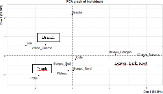 Figure 3: Projection of targeted phytodistricts in the system axis defined by the different organs.