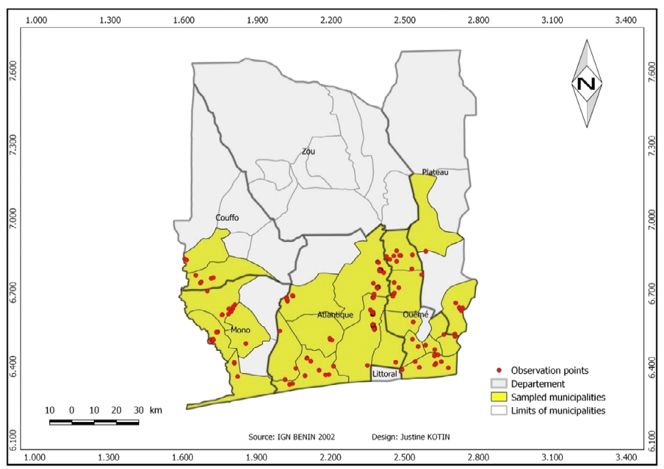 Figure 4: T. spekii distribution map in southern Benin.
