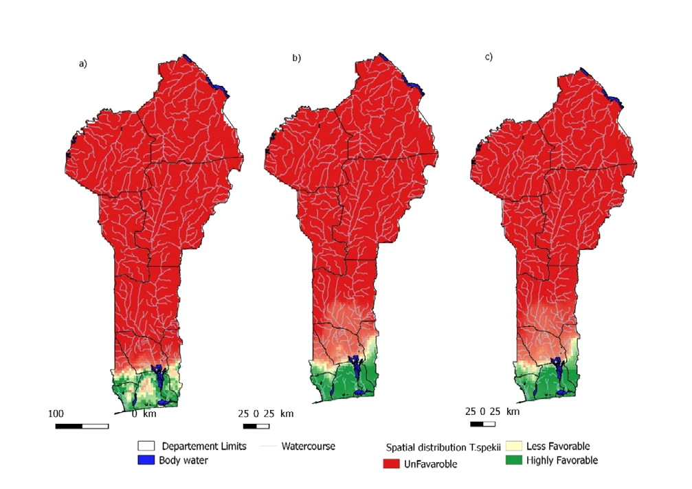 Figure 7: Spatial distribution of T. spekii in the present: (a) Present; (b) Future RCP4.5; c) Future RCP8.5.