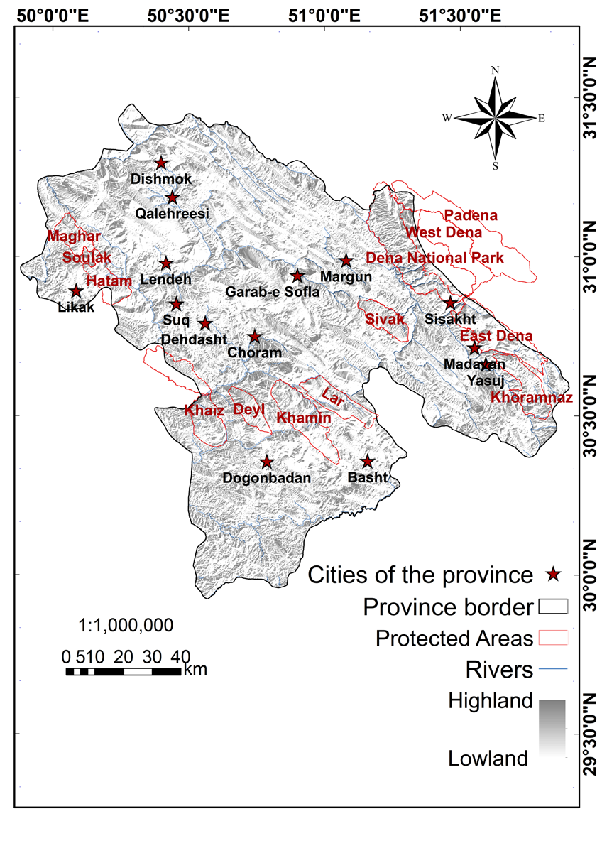 Figure 2: The protected areas, no hunting areas, national park, villages, main roads and hilshade map of the province of Kohgiluyeh and Boyer-Ahmad, Iran.