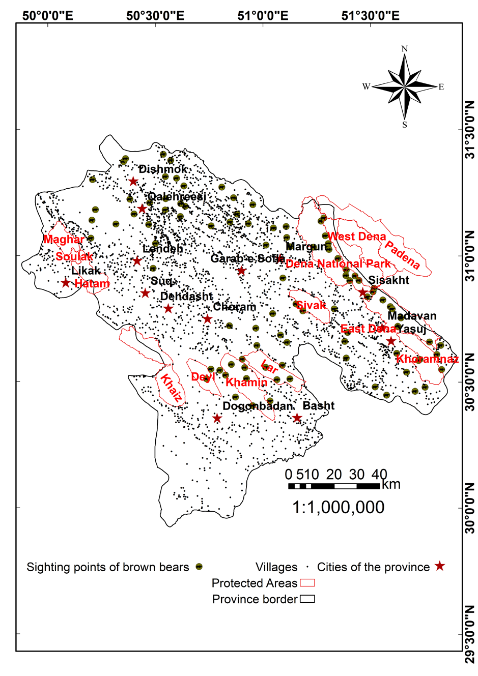 Figure 3: Distribution of the sighting points of the brown bears, villages and the protected areas in the province of Kohgiluyeh and Boyer-Ahmad, Iran.