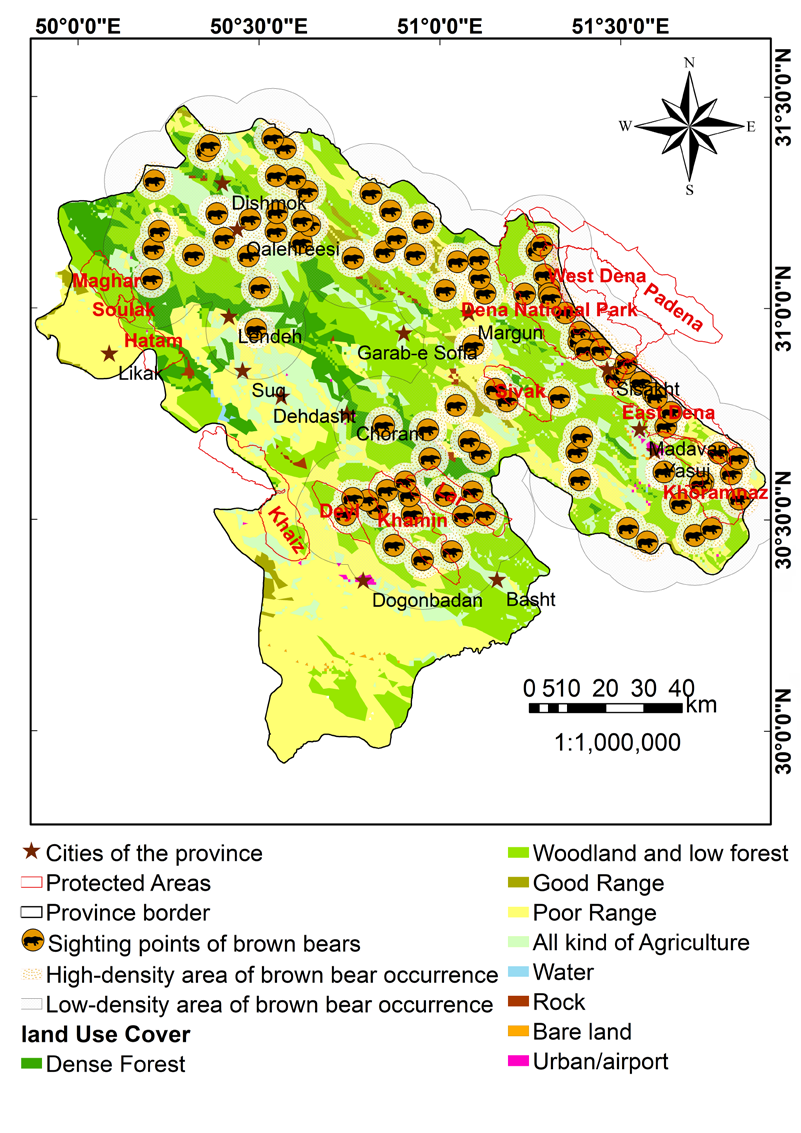 Figure 4: The ranges of brown bears in two levels of high and low density in different land covers-uses of the province of Kohgiluyeh and Boyer-Ahmad. Good range (rangeland) and poor rang (rangeland) are two combined terms issued by evaluation of different ecological factors such as type of plants, density of vegetation covers and soil characteristics, based upon the Iranian range evaluation model.