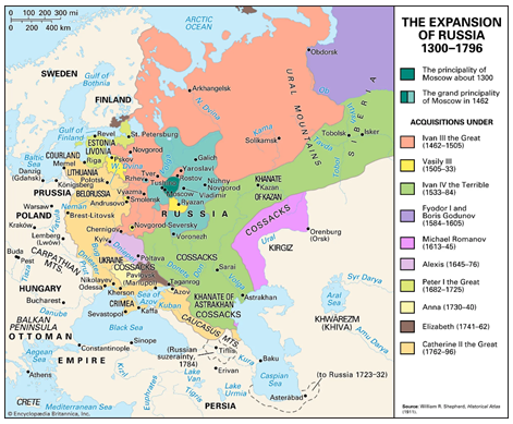 Figure 3: Map of Russian expansion from 1300 to 1796. © Encyclopædia Britannica, Inc.