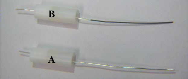 Figure 2: Silver wire before (A) and after (B) the chronocoulometric experiment.