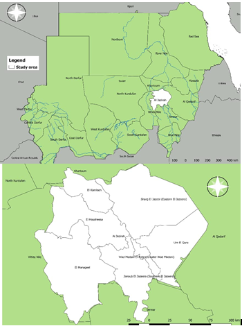 Figure 1: Map of El Gezira State, Sudan showing the locations where serum samples were collected.