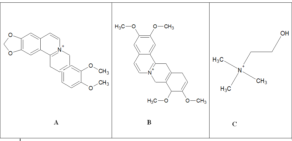 Figure 2: a) Berberine, b) Palamatine, c) Choline. Steroids