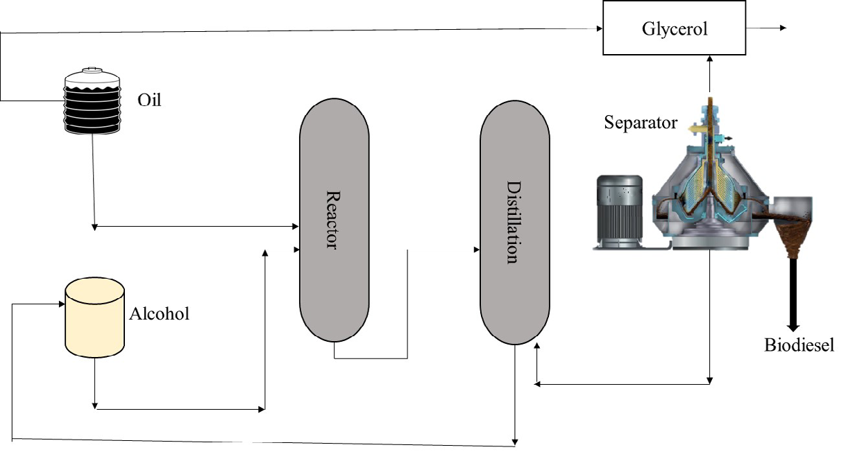 Figure 5: Schematic of a process flow diagram for conversion of biomass to biodiesel.