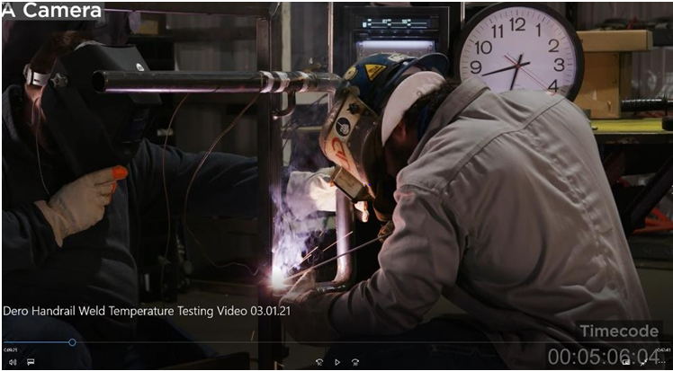 Figure 2: Handrail Weld Temperature Testing Video, Timecode 5:06:04, Start of Tack Weld on Bottom of Rail.
