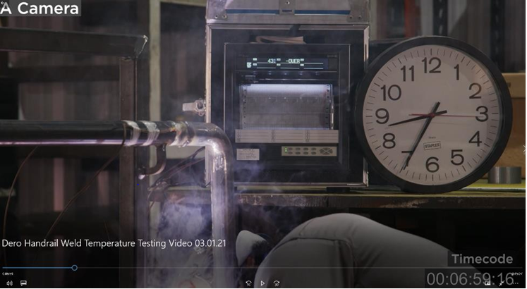 Figure 3: Handrail Weld Temperature Testing Video, Timecode 6:59:16, Temperature of 431-Degrees Fahrenheit During Active Welding of the Bottom.
