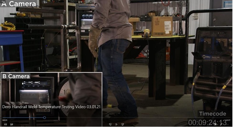 Figure 4: Handrail Weld Temperature Testing Video, Timecode 9:24:13, Temperature of 219-Degrees Fahrenheit at Approximate Finish of the First Pass of Weld Activity.