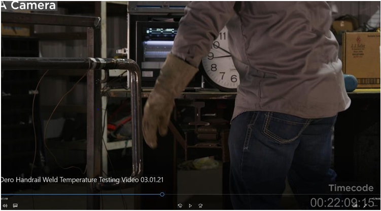 Figure 7: Handrail Weld Temperature Testing Video, Timecode 22:09:15, Temperature of 271-Degrees Fahrenheit at Completion of Grinding, Which was the Completion of all Hot Work on the Handrail.