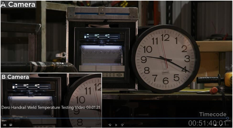 Figure 9: Handrail Weld Temperature Testing Video, Timecode 51:40:01, Temperature of 69-Degrees Fahrenheit Approximately 30 Minutes After Completion of Welding.