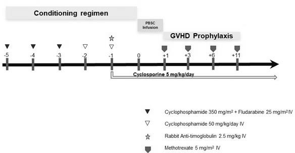 Figure 1: Conditioning regimen, stem cell infusion, and GVHD prophylaxis.