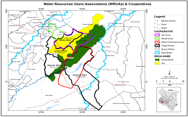 Figure 2: Map of Upper Mara Watershed Showing the water users associations and farmer cooperative groups.
