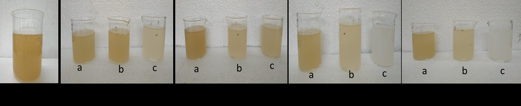 Figure 2: Fresh date palm juice kept under various storage conditions i.e. a) stainless steel Jar with insulation, b) stainless steel Jar without insulation, c) clay pot.