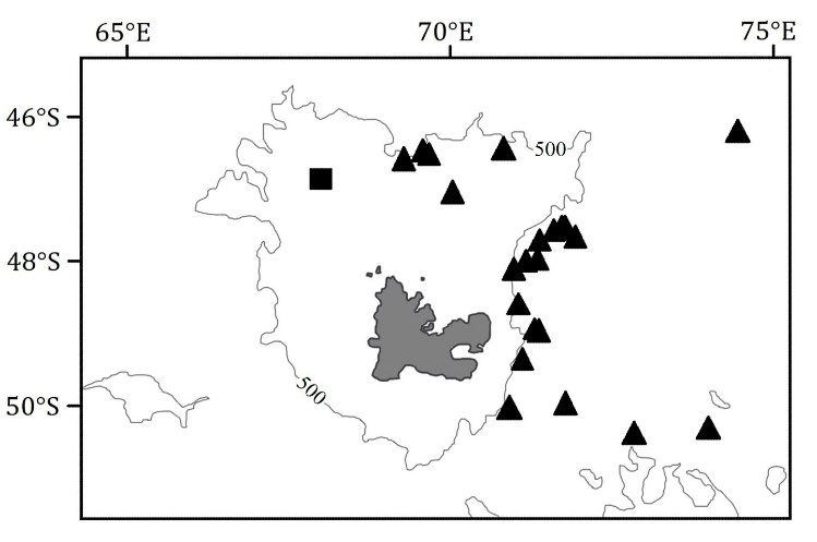 Figure 2: Kerguelen Archipelago. Distribution map of Arctozenus australis, ∎ - ZIN 56771, ▲ – data from Ho and Duhamel [1].