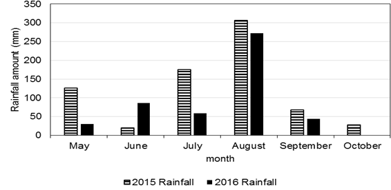 Figure 5: Monthly rainfall amount during 2015 and 2016.