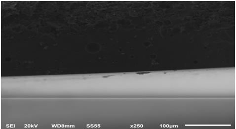 Figure 3: SEM surface images of TiO2 coating. The SEM (model: JEOL JSM 6510 LV) cross-section image of a TiO2 coated glazed tile is shown in Figure 4 a,b. Three layers are seen including the ceramic tile body, the glaze and the TiO2 coating layer. The thickness of the a- TiO2 coating is 343nm, which is tightly integrated with the glaze layer (Figure 4 a,b). In addition, EDS (EDS, model Oxford X-Max 20) was used to quantitatively determine the elemental composition. The EDS spectra of TiO2 coating reveals that the TiO2 coating is mainly composed of Ti and O elements is shown in Figure 4c. The mass percent of Ti element is 20.35 wt%, while that of O is 43.58 wt%.