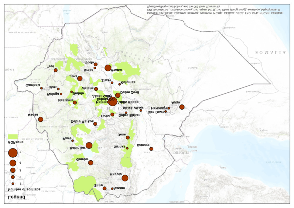Figure 1: Distributed of 68 soil laboratories over 35 cities in different parts of Ethiopia (Bakker et al., 2016).
