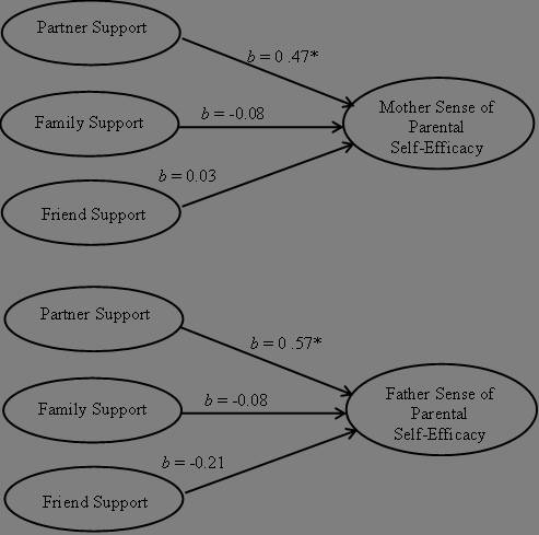 Figure 1: The relations between various sources of social support and mothers’ and fathers’ parental self-efficacy.