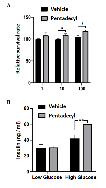 Figure 1: Demonstration of the toxicity of pentadecyl and its effect on insulin secretion in mouse pancreatic beta cells. (A) Toxicity assessment of the pentadecyl to pancreatic beta cells. Immortalized mouse pancreatic beta cells were treated with 1, 10, or 100 mg/ml pentadecyl for 72 hr. As a control, cells were treated with 0.1% ethanol (Vehicle). Then, cell viability was accessed using WST-8 reagent. n = 4 each. *P < 0.05. (B) Effect of pentadecyl on insulin secretion. Cells were treated with 10 µg/ml pentadecyl or 0.1% ethanol (Vehicle) in KRB buffer containing 2.8 mM glucose (Low Glucose) or 16.7 mM glucose (High Glucose) for 30 min. n = 4 each. **P < 0.01.