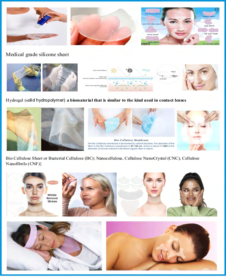 Figure 21: Displays the configurations Reusable Face Wrinkle Patches Set Made with medical grade silicone, bio-cellulose and hydro-gel (soluble hydrogel and insoluble hydrogel patches) [73-76].