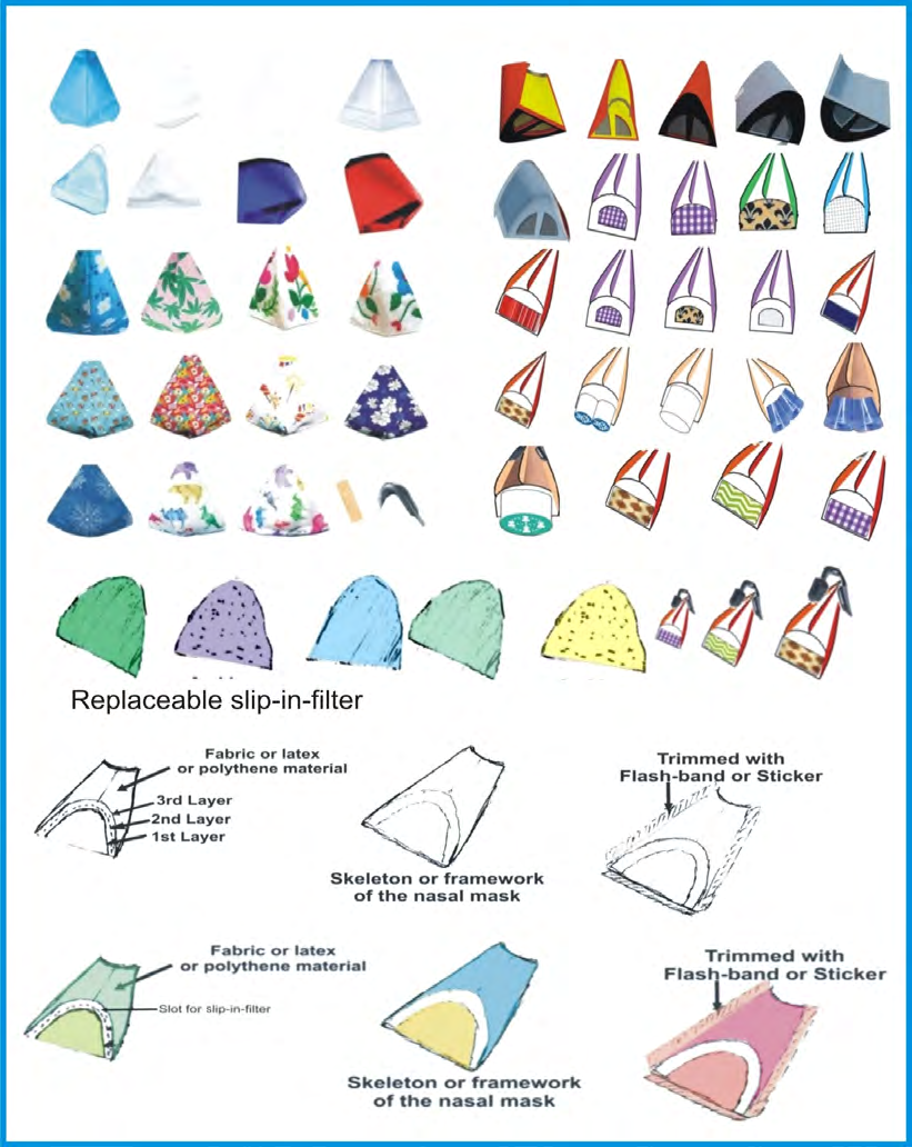 Figure 24: Depicts the different configurations of the nasal defenders, made of varying fabric materials, elastomeric rubber, and reusable/exchangeable filter elements (cartridges or filters), and that is securable with clips, plasters, etc. (Courtesy Azuberths Research Complex Owerri, Nigeria).