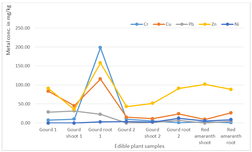 Figure 4: Heavy Metals concentration in vegetable samples (in dry season) collected from savar tannery area.