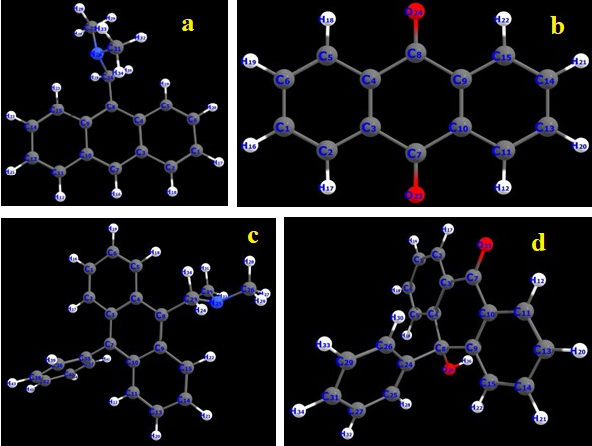 Figure 2: DFT geometry optimized Structures of the studied molecules, (a) 9-(N,N-dimethylaminomethyl)anthracene, (b) anthraquinone, (c) phenyl protected derivative of 9-(N,N-dimethylaminomethyl) anthracene (d) intermediate 9-hydroxy 9-phenyl anthrone.