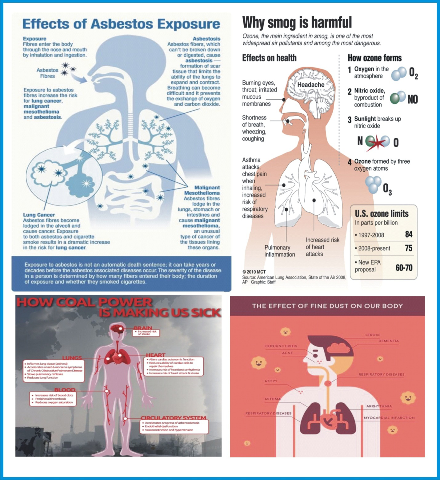Figure 14: The health issues associated with exposure to asbestos, smog, coal power emissions, and fine dusts [32,33,40].