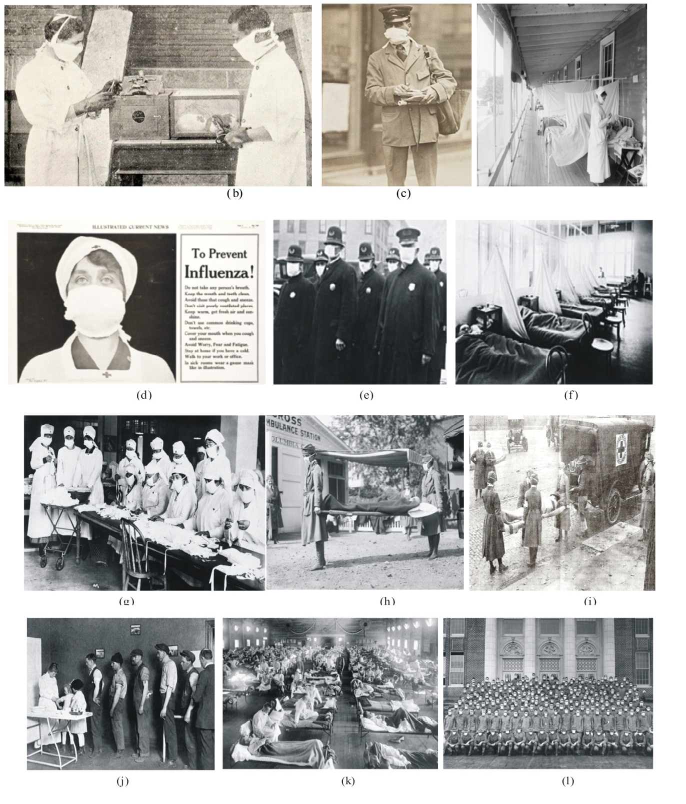 Figure 22: Design of masks worn by doctors during the pandemic flu in 1918 and other images that reflects on the various events during the pandemic [68-70].