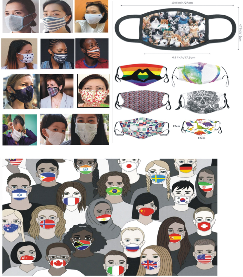 Figure 31: Variety of fabrics and fabrics made patriotic face barrier coverings for different countries.