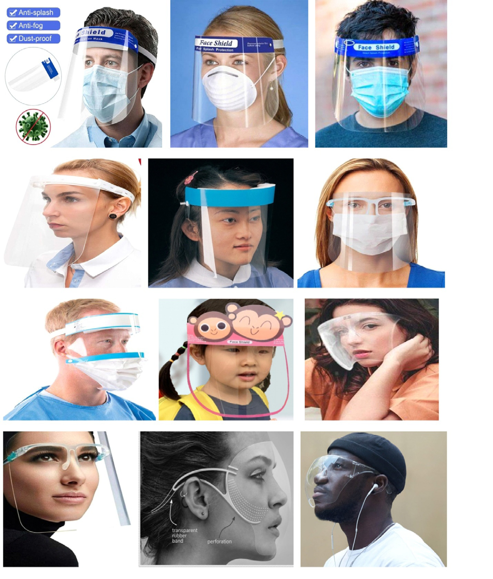 Figure 35: Different types of the conventional transparent full length face shields (covers eye, nose and mouth). The most common complimentary face barrier covering is the face shield, which is simply a curved plastic or Plexiglas panel attached to a headband that can be worn over the face to protect the eyes as well as the nose and mouth i.e. the wearer’s entire face (or part of it), (Figures 35 & 36), from hazards  such as flying objects  and road debris, chemical splashes (in laboratories or in industry), or potentially infectious materials (in medical and laboratory environments). It is designed to fit securely (i.e. no gap) between the headband and the forehead as well as wrap around the sides of the face and extends below/beyond the chin. Study suggested that, when face shields was tested against an influenza-infused aerosol from a distance of 18 inches away, it reduced exposure by 96% during the period immediately after a cough and also reduced the surface contamination of a respirator by 97%. Hence it protects the wearer. Because the face shield is away from the wearers face, when he cough or sneeze, those droplets can still get out more than with face mask. Therefore, it is idle to wear a particulate face mask or respirator underneath the face shield and maintain physical distancing, to minimize infecting others with the droplets escaping from the opening at the bottom of the face shields. Comparatively, face mask or respirator absorbs droplets when the wearer coughs or sneezes while face shields do not. Hence it should be sanitized/sterilize frequently with an antibacterial wipe, alcohol pad or soap and water. Notably, viruses live on plastics a lot better than it survives on porous materials such as cloth, paper or cardboard. On the alternative, Figure 37 shows the complimentary use of eyeglasses with face mask.