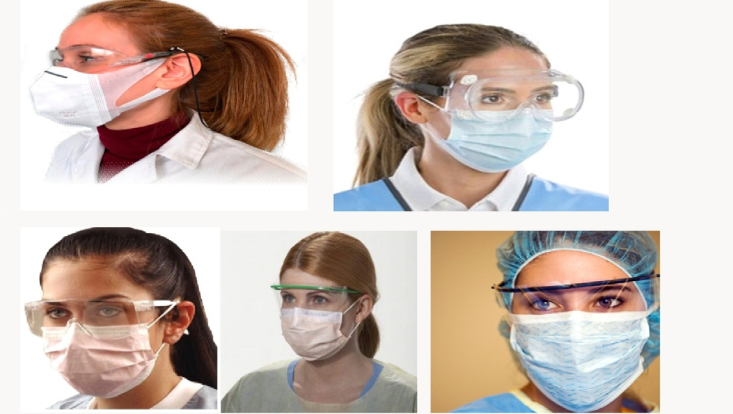 Figure 37: Complete PPE face covering with eyeglasses and face mask. Figure 38 presents three other partial covering in the face (a) Winter-nose warmers, (b) Rubber wear prosthetics for make-up artist and (c) Protection caps.