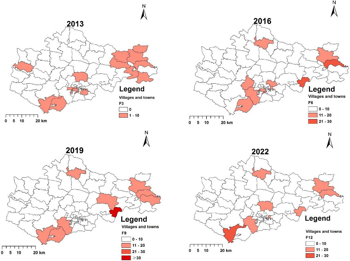 Figure 2: Reported HCV cases by street/township in Bengbu in the years 2013, 2016, 2019 and 2022.