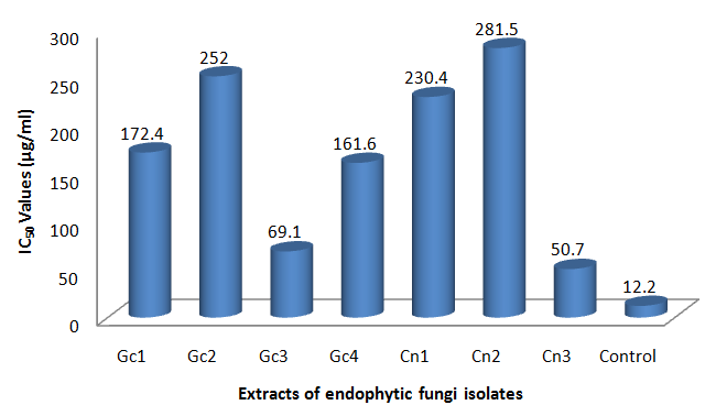 Figure 2: A chart showing the IC50 values of the fungal extracts and control (AA) obtained from the DPPH assay.