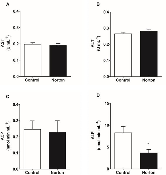 Figure 1: Activity of ALT, AST, ACP did not change and ALP decreased 56% regarding to the control group.