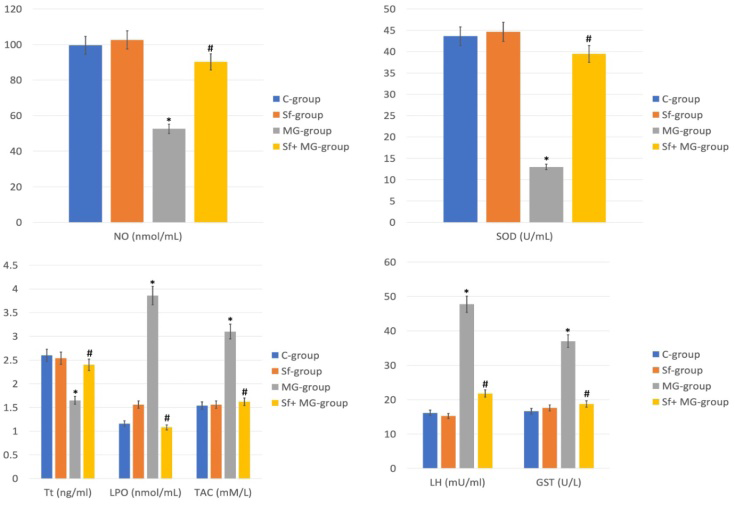Figure 3: Effects of sulforaphane and monosodium glutamate supplements on serum biochemical analysis. * Significant (p < 0.05) difference in comparison to C-group. # Significant (p < 0.05) difference in comparison to MG-group. Data are presented as mean ± SD, (n=10).