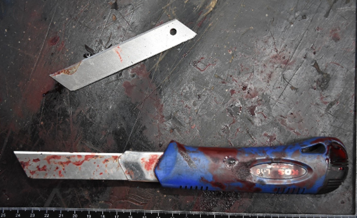 Figure 2: Evidential Bloody, Large, Utility Knife and a Knife Bladder at Scene.