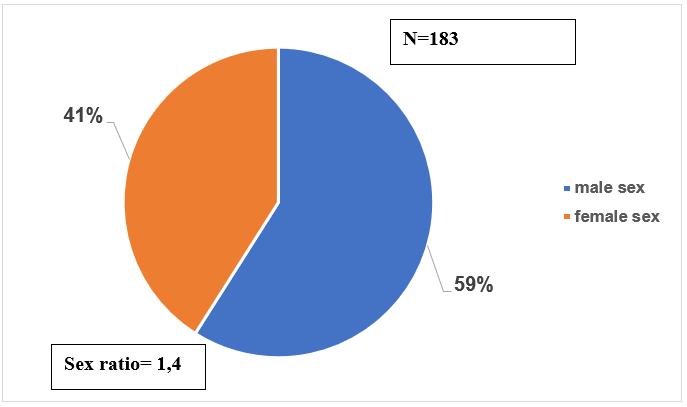 Figure 2: Distribution of the 183 patients followed in psychiatry for epilepsy and mental disorders from January 1, 2013 to December 31, 2022 by sex.
