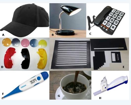 Figure 5: Non-Optical for low vision management: (A) Visor Cap for outdoors to prevent photophobia; (B) Table lamp while studying; (C) Big font telephone numbers; (D) Filters and Tinted lenses for contrast enhancement; (E) Writing guide, Notex (for counting notes), Typoscope and Signature guide; (G) Digital audio thermometer; (H) Increased contrast objects for routine work; (I) Smart cane for mobility These devices enhance the visibility of the retinal image and optimize the use of optical devices. They can be grouped according to their function: