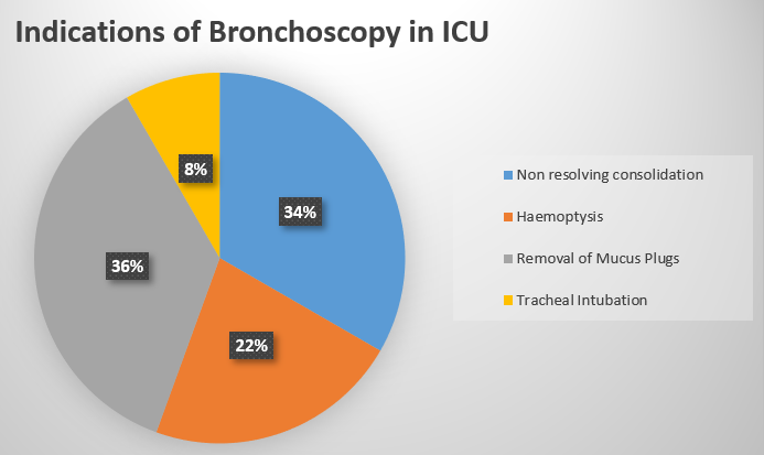 Figure 2: Total of 36 procedures was done in ICU between Aug 2022 July-2023. Therapeutic interventions were done for 12 patients, and the remaining 24 procedures were performed for diagnosis. Therapeutic interventions in intubated/Tracheostomised cases mainly included removal of mucus plugging/retained secretions responsible for the airway obstruction and collapse leading to reaeration of the affected lobes of the lung.