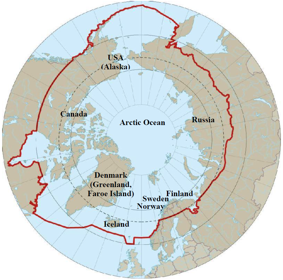 Figure 1: Map of the eight countries surrounding the Arctic Ocean in the Arctic region. Red line gives the area border of the AMAP assessment programme (Modified from AMAP (1998) and [114]).