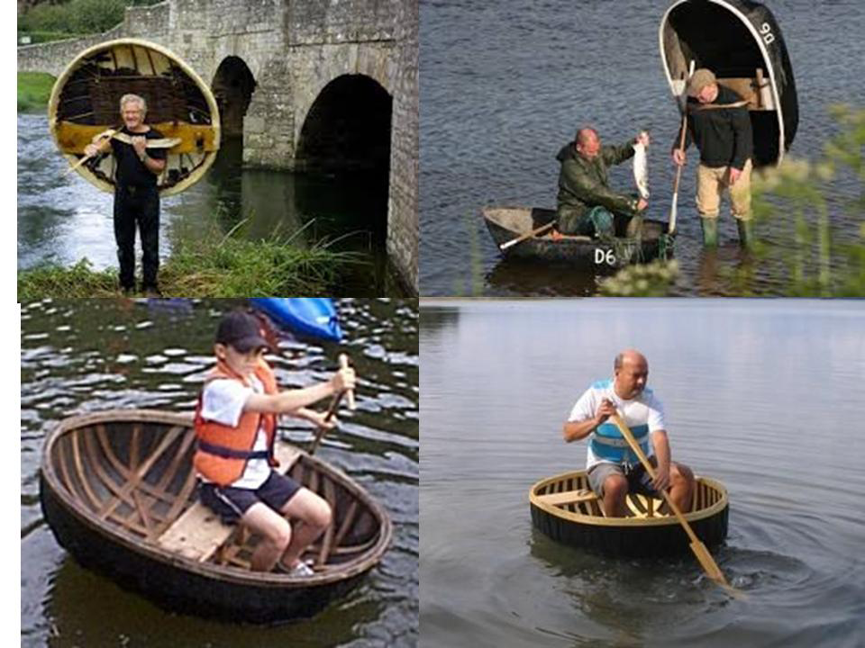 Figure 3: Images depicts different coracles in the Scottish rivers for fishing or recreational purposes, practised by both genders and at different ages. It is striking how light it is for an easy transport. This might be the original idea for the inflate modality of stand up paddling (iSUP).