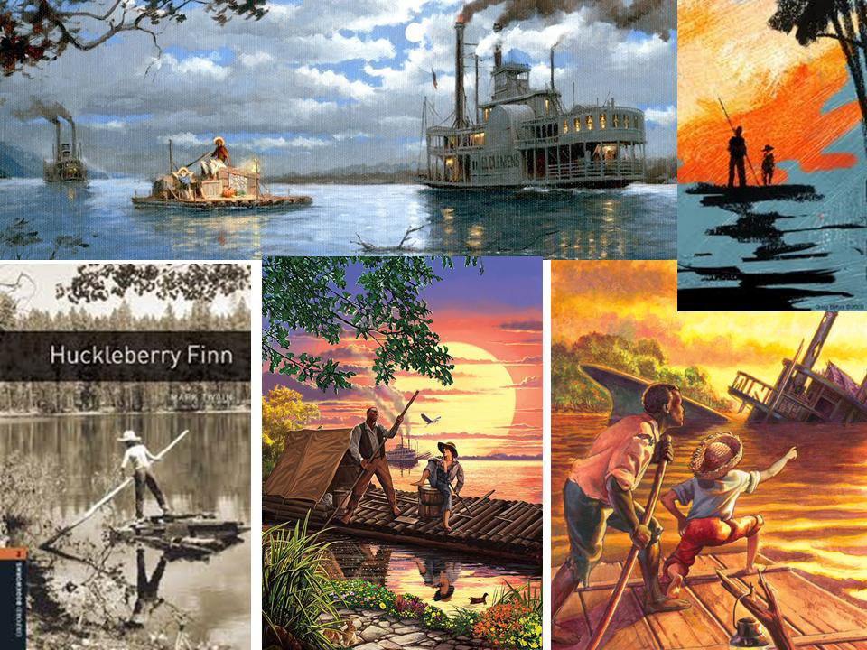 Figure 4: Drawings and paintings depicting Hucklberry´s way to propel across and along the wide and long Mississippi “Great River” which is the primary river of the largest drainage in the United States. In the images it is noticeable how the way to move on the river is using a long pole without a paddle, due to the shallow depth of the rivers.