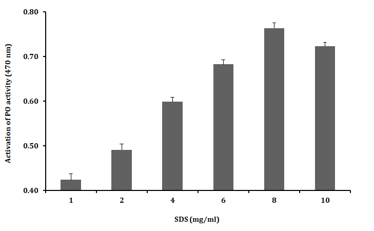 Figure 3: However, these results clearly suggested that the optimum concentration for activating PO activity in 8 mg.ml-1of SDS.