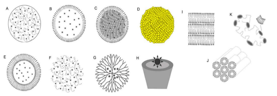 Figure 9: Numerous incorporations of nanocarriers with drug molecules. (A) Functionalization of metallic gold nanoparticles (AuNPs) by interacting on the surface with the drug. (B) The nanohydrogels formed an aggregation of mesopore and macropore nanoparticles trapping the drug molecule in which the release occurs under absorption of water. (C) Polymeric nanocarriers exhibited nanoencapsulation of the drug molecule. (D) High dispersion of the drug molecule into the solid lipid nanocarriers [107].